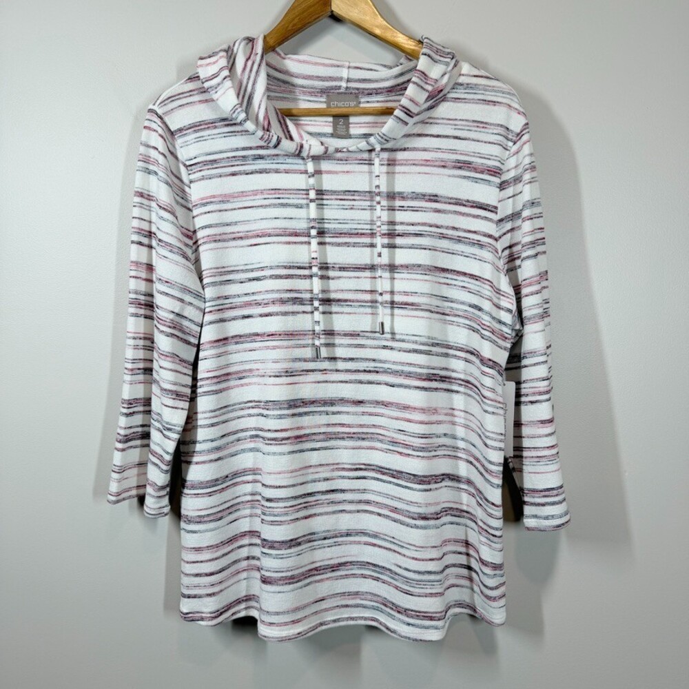 Chico's Size 2 Striped Hooded Tunic Long‎ Sleeve Top Deep Rose Pink